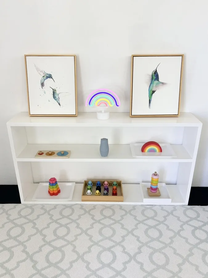 A prepared Montessori shelf ready for the morning programme