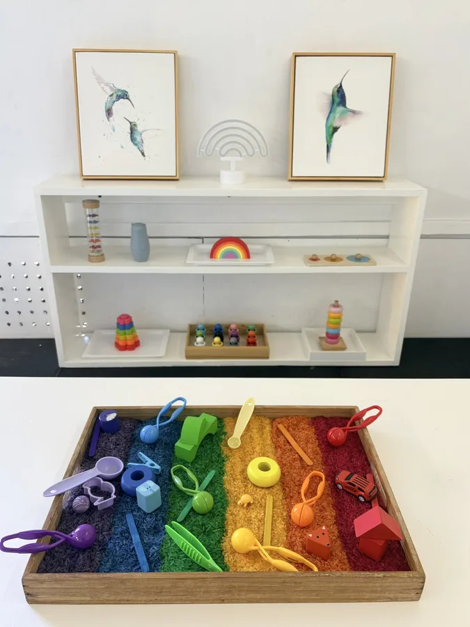 A carefully prepared Montessori shelf and colourful sensory activity