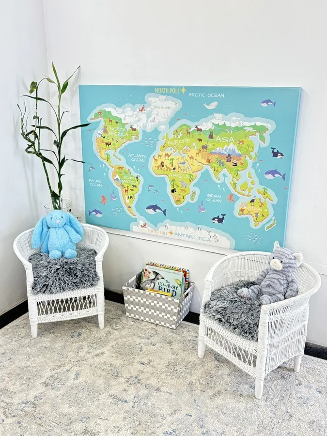A calm Montessori shelf and reading corner prepared for young children